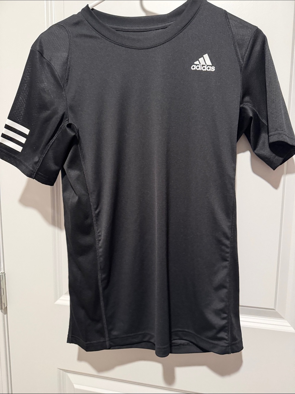 adidas Black Short-Sleeve Athletic Tee with White Logos and Sleeve Stripes